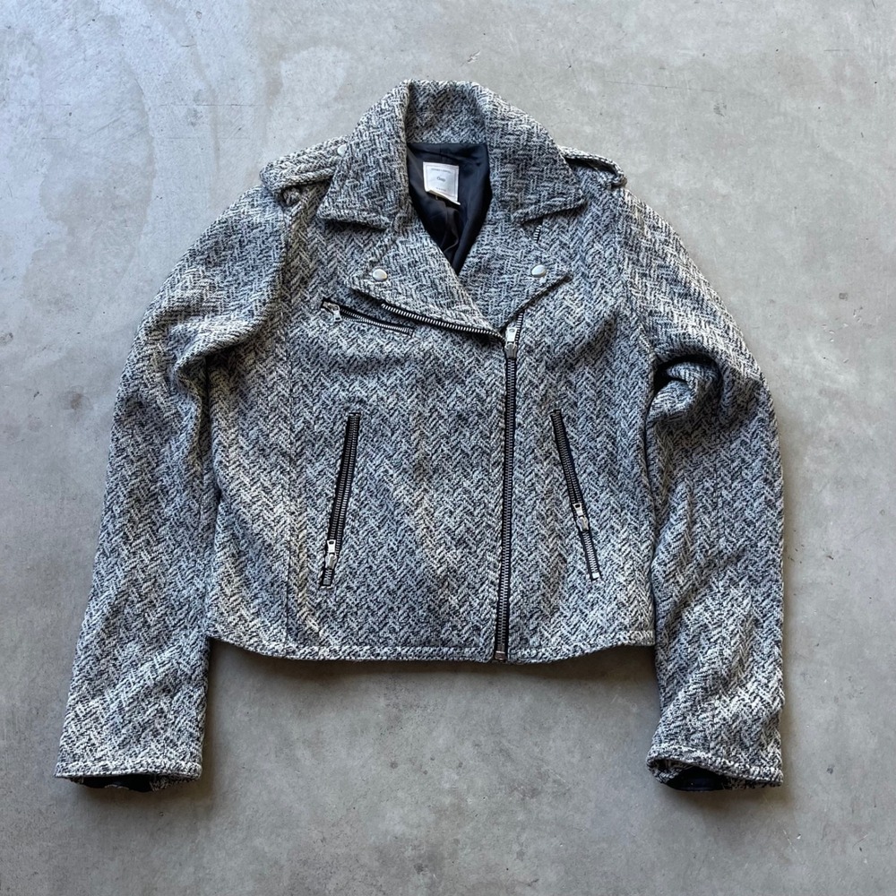 Gap Womens Herringbone Wool Blend Moto Jacket Black White Tweed Small RN54023